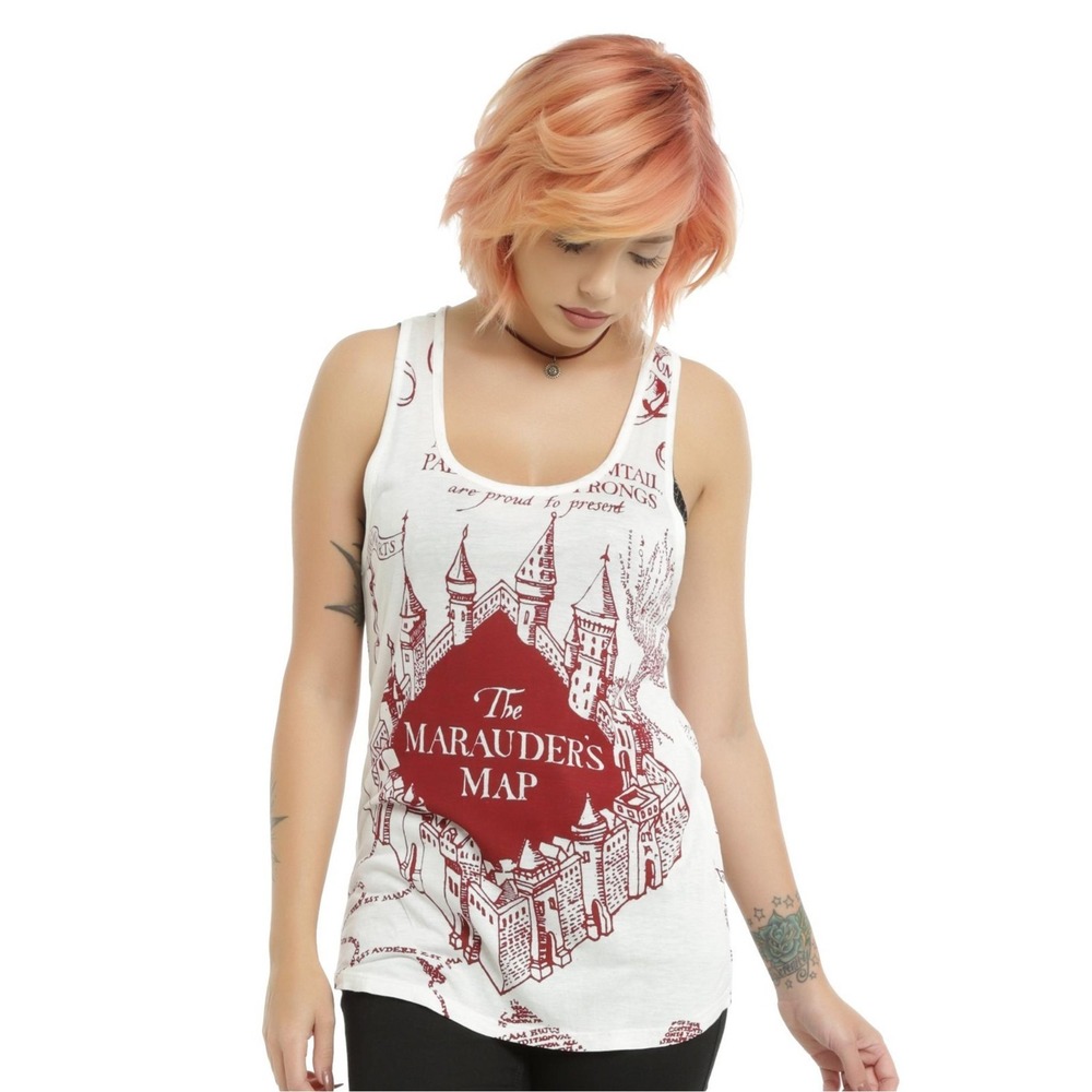 Harry Potter The Marauder's Map Cream Red Racerback Tank Top Women's XL NEW